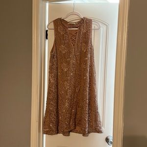 Rose gold sun dress lace detail with slip under cut out high neck
